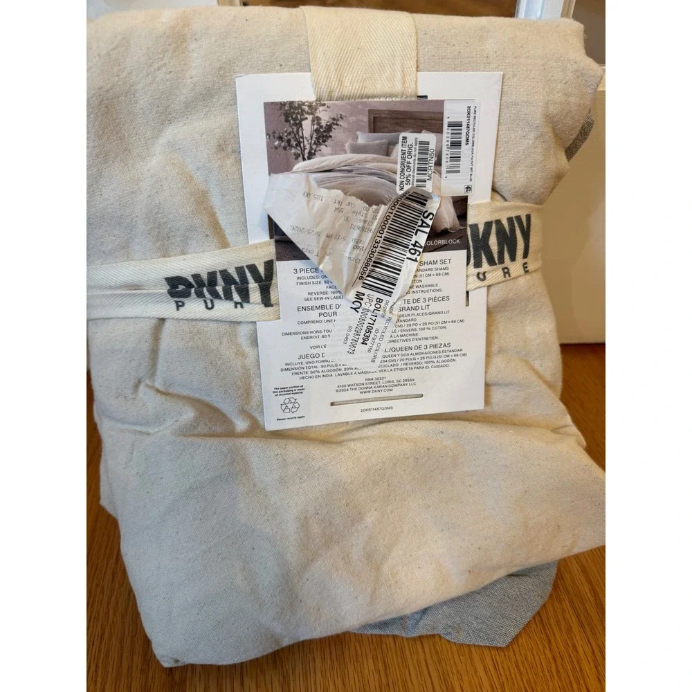 DKNY Pure Recycled Colorblock 3 Piece Duvet Cover Sham Set Full Queen Blue Cream